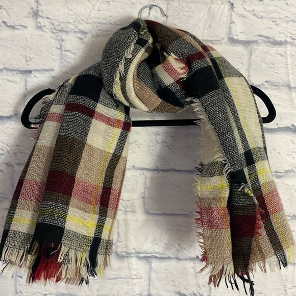 Plaid red and ivory square fringe oversized scarf - Picture 1 of 2